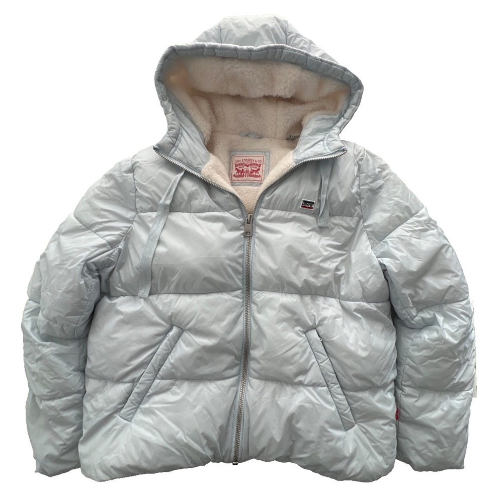 Levis Jacket Puffer Large Light Blue Hooded Faux Fur Lined Unisex Rare Logo